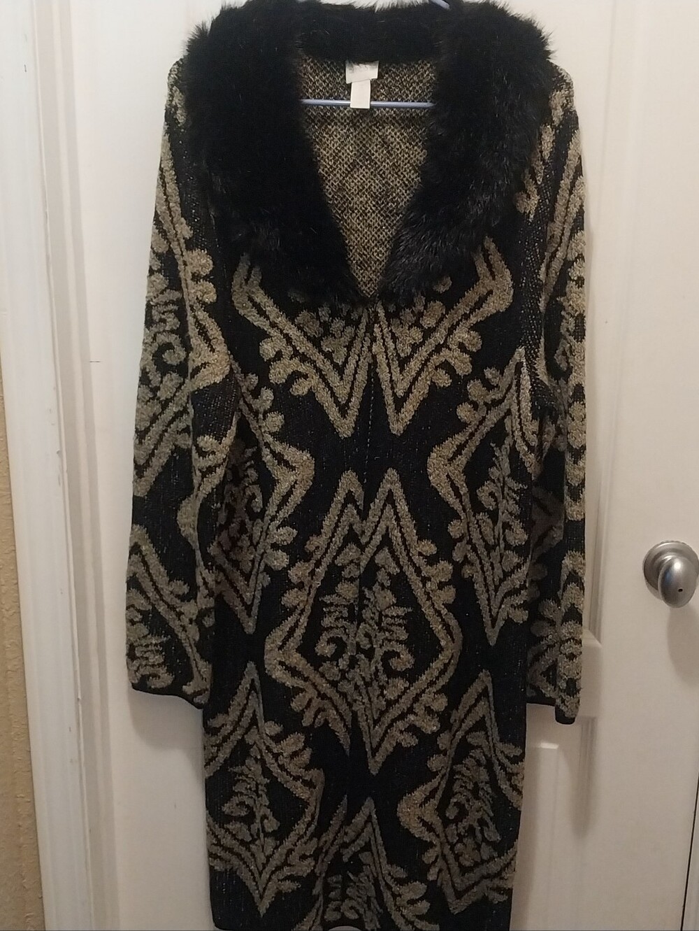 Chico's Black and Taupe Jacquard Sweater Coat with Faux-Fur Collar